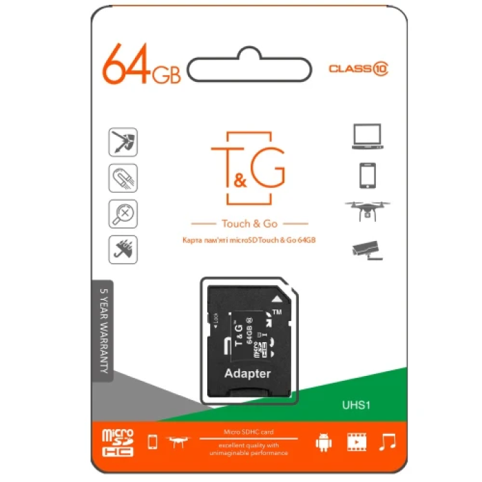 Карта пам'яті microSDXC, 64Gb, T&G, Class10 UHS-I U1, SD адаптер (TG-64GBSDCL10-01)