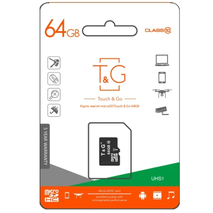 Карта пам'яті microSDXC, 64Gb, T&G, Class10 UHS-I U1, без адаптера (TG-64GBSDCL10-00)