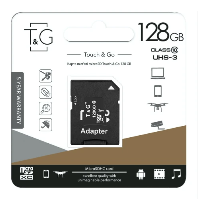 Карта пам'яті microSDXC, 128Gb, T&G, Class10 UHS-I U3, SD адаптер (TG-128GBSD10U3-01)