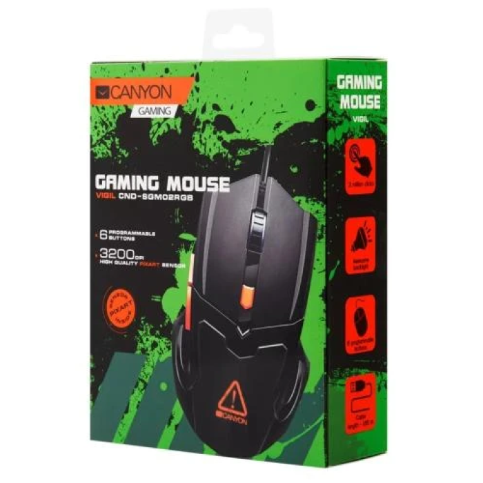 Миша Canyon Vigil, Black, USB, оптична (сенсор Pixart 3168), 800 - 3200 dpi, RGB-підсвічування, 6 програмованих кнопок, 1.65 м (CND-SGM02RGB)