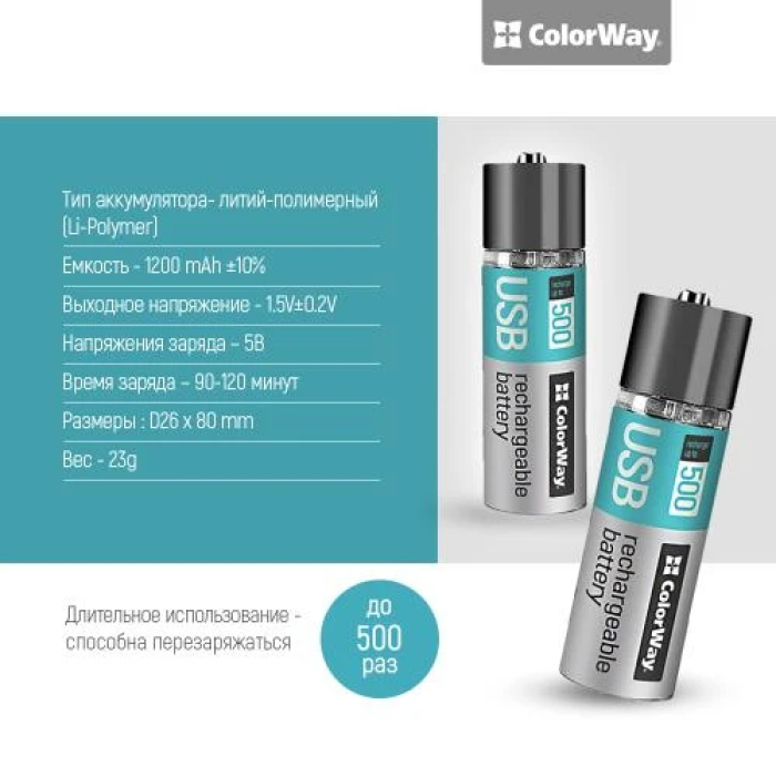 Акумулятори AA ColorWay AA-USB 1200 мА·год, 2 шт.
