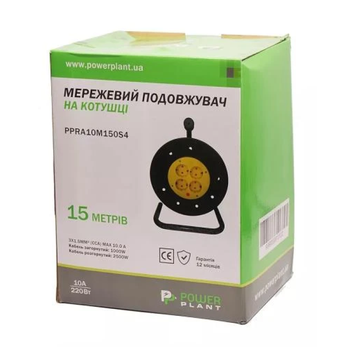 Подовжувач PowerPlant на котушці 15 м із 4 розетками