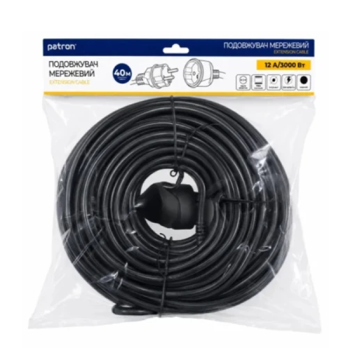 Подовжувач мережевий Patron, 1 розетка, 40 м, Black, 12А, 3x1.5 мм² (PEC-1240)