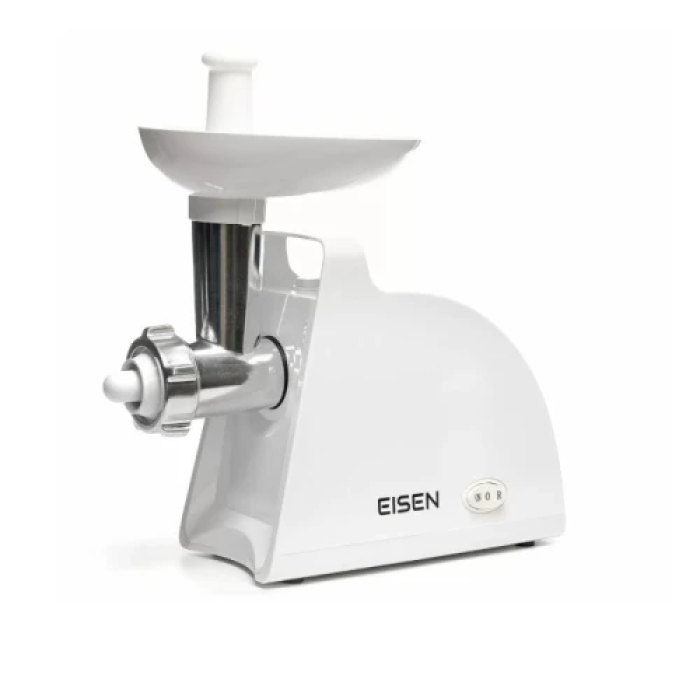 М'ясорубка Eisen EMG-017PSW White, 2200W, продуктивність 1,8кг/хв, 2 диски 5 та 7мм, реверс, насадки: терка; шатківниця; для дерунів; для ковбасок; для кеббе, ріжуче лезо QuickTouch