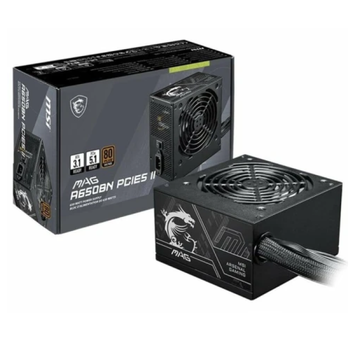 Блок живлення 650 Вт, MSI MAG A650BN PCIE5 II, Black, 80+ Bronze, Active PFC, 12 см, 2xMolex / 3xSATA / 1x16-pin (300 Вт) / 2x6+2-pin / 2x4+4-pin / 1x20+4-pin, захист OVP/OCP/SCP/OPP/UVP