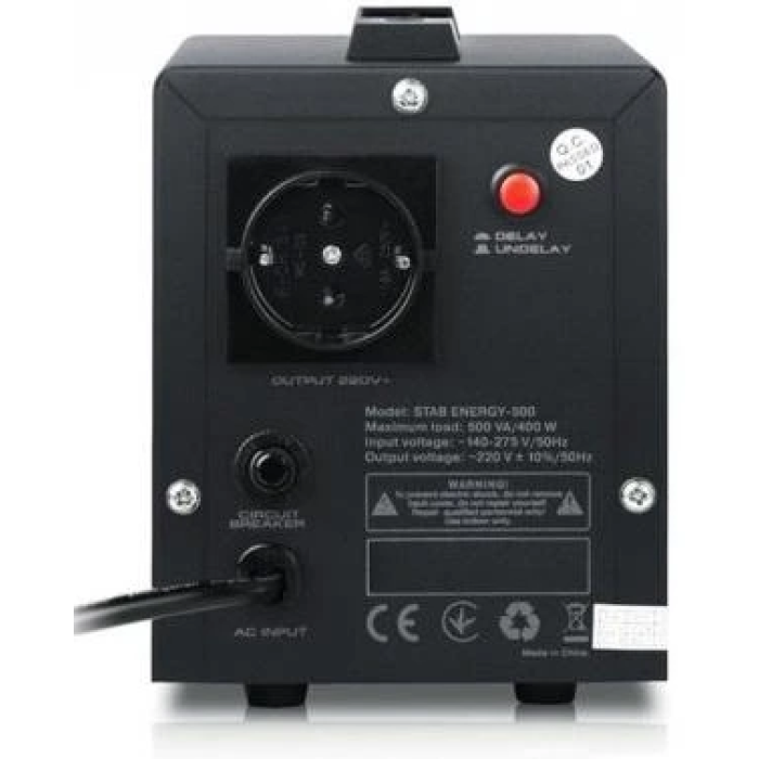 Стабілізатор REAL-EL STAB ENERGY-500 Black, 500VA, 400W, вхідна напруга 220V+/-20%, 1 розетка (Schuko), LED індикація