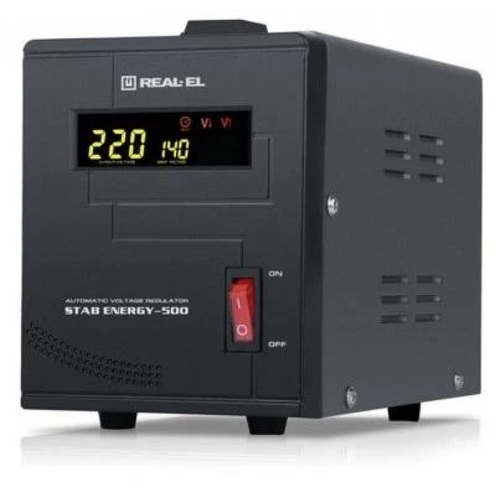 Стабілізатор REAL-EL STAB ENERGY-500 Black, 500VA, 400W, вхідна напруга 220V+/-20%, 1 розетка (Schuko), LED індикація
