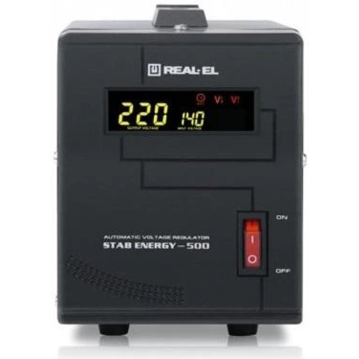 Стабілізатор REAL-EL STAB ENERGY-500 Black, 500VA, 400W, вхідна напруга 220V+/-20%, 1 розетка (Schuko), LED індикація