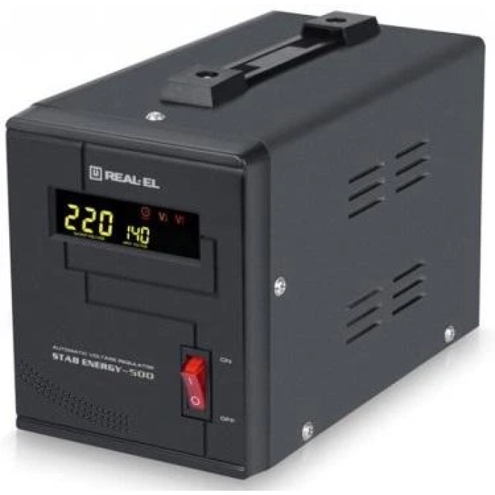 Стабілізатор REAL-EL STAB ENERGY-500 Black, 500VA, 400W, вхідна напруга 220V+/-20%, 1 розетка (Schuko), LED індикація