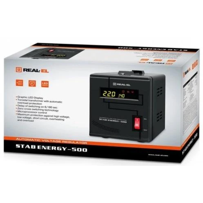 Стабілізатор REAL-EL STAB ENERGY-500 Black, 500VA, 400W, вхідна напруга 220V+/-20%, 1 розетка (Schuko), LED індикація