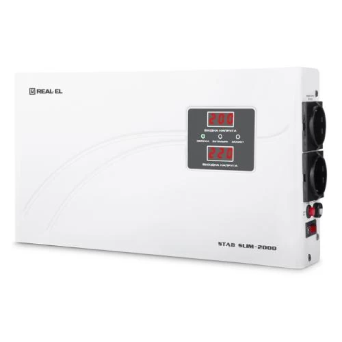 Стабілізатор REAL-EL STAB SLIM-2000 White, 2000VA, 1600W, вхідна напруга 220V+/-20%, 2 розетки (Schuko), LED індикація