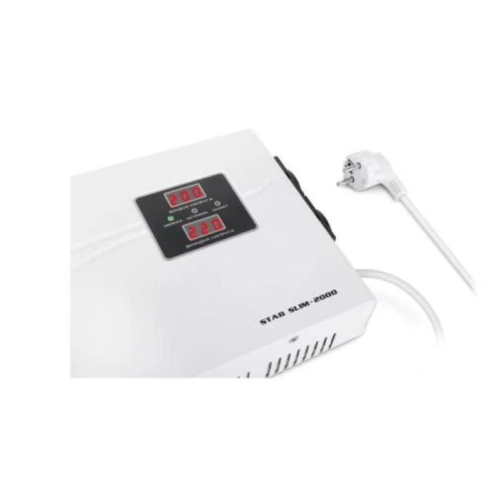 Стабілізатор REAL-EL STAB SLIM-2000 White, 2000VA, 1600W, вхідна напруга 220V+/-20%, 2 розетки (Schuko), LED індикація