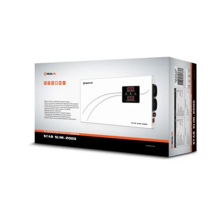 Стабілізатор REAL-EL STAB SLIM-2000 White, 2000VA, 1600W, вхідна напруга 220V+/-20%, 2 розетки (Schuko), LED індикація