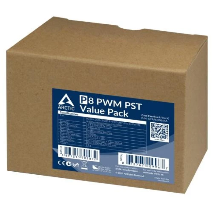 Вентилятор 80 мм, Arctic P8 PWM PST, Black, 5 шт, 80х80х25 мм, PWM, 200-3000 об/хв, 4-pin, гідравлічний підшипник (ACFAN00154A)