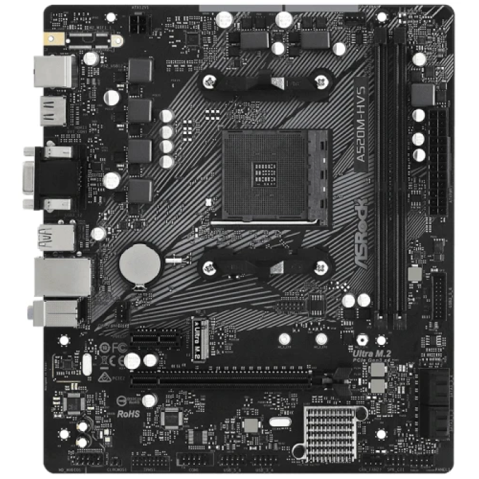 Мат.плата AM4 (A520) ASRock A520M-HVS, A520, 2xDDR4, Int.Video(CPU), 4xSATA3, 1xM.2, 1xPCI-E 16x 3.0, 1xPCI-E 1x 3.0, ALC887, RTL8111H, 6xUSB3.2/6xUSB2.0, VGA/HDMI, MicroATX
