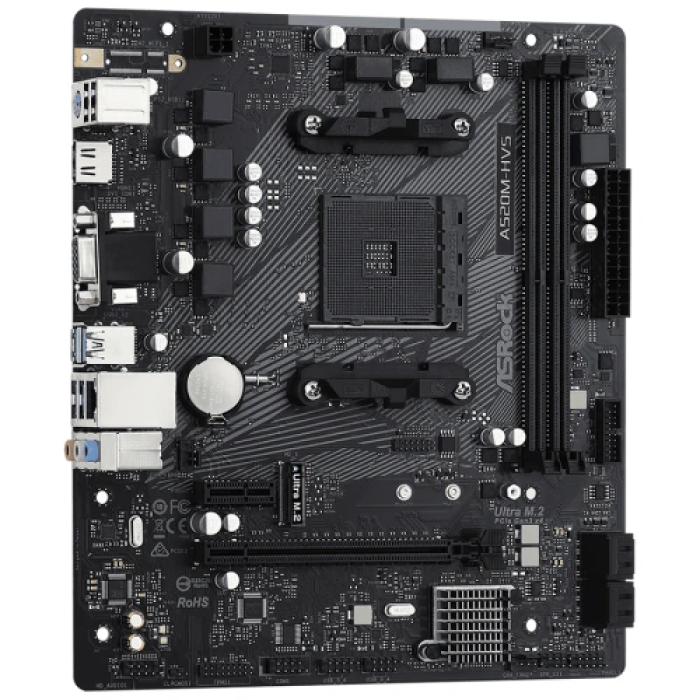 Мат.плата AM4 (A520) ASRock A520M-HVS, A520, 2xDDR4, Int.Video(CPU), 4xSATA3, 1xM.2, 1xPCI-E 16x 3.0, 1xPCI-E 1x 3.0, ALC887, RTL8111H, 6xUSB3.2/6xUSB2.0, VGA/HDMI, MicroATX