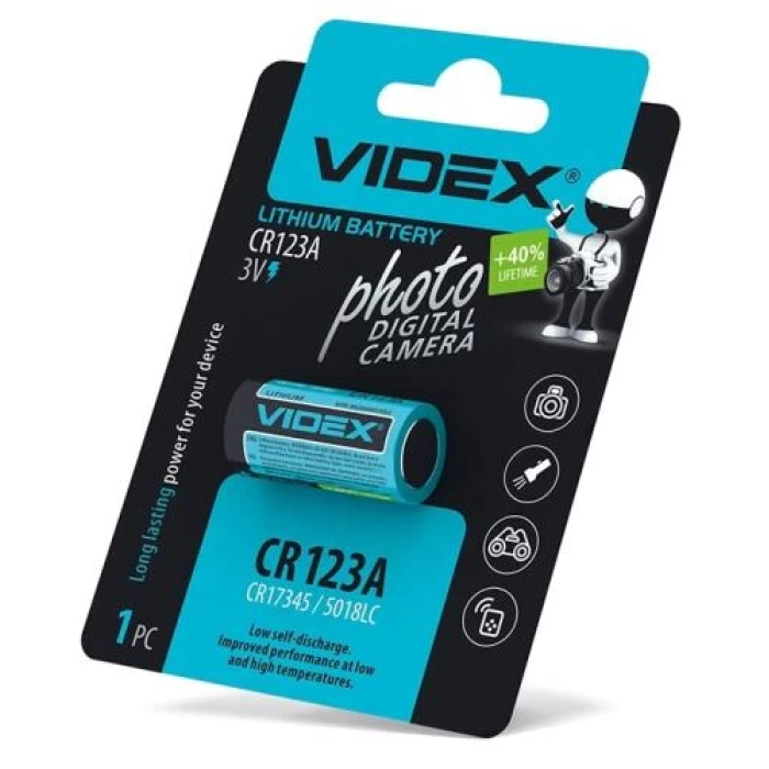 Батарейка CR123A, літієва, Videx, 1 шт, 1500mAh, 3V, Blister