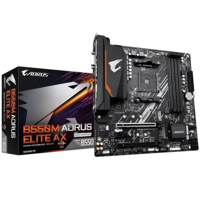 Мат.плата AM4 (B550) Gigabyte B550M AORUS ELITE AX, B550, 4xDDR4, Int.Video(CPU), 4xSATA3, 2xM.2, 1xPCI-E 4.0 x16, 1xPCI-E 3.0 x16, 1xPCI-E 3.0 x1, ALC887, GLan, WiFi 6E, Bluetooth 5.3, 6xUSB3.2/6xUSB2.0, DVI-D/HDMI, MicroATX