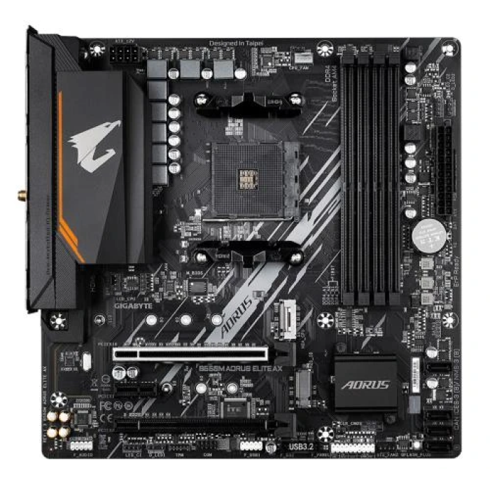 Мат.плата AM4 (B550) Gigabyte B550M AORUS ELITE AX, B550, 4xDDR4, Int.Video(CPU), 4xSATA3, 2xM.2, 1xPCI-E 4.0 x16, 1xPCI-E 3.0 x16, 1xPCI-E 3.0 x1, ALC887, GLan, WiFi 6E, Bluetooth 5.3, 6xUSB3.2/6xUSB2.0, DVI-D/HDMI, MicroATX