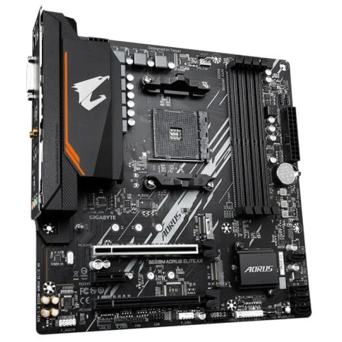 Мат.плата AM4 (B550) Gigabyte B550M AORUS ELITE AX, B550, 4xDDR4, Int.Video(CPU), 4xSATA3, 2xM.2, 1xPCI-E 4.0 x16, 1xPCI-E 3.0 x16, 1xPCI-E 3.0 x1, ALC887, GLan, WiFi 6E, Bluetooth 5.3, 6xUSB3.2/6xUSB2.0, DVI-D/HDMI, MicroATX