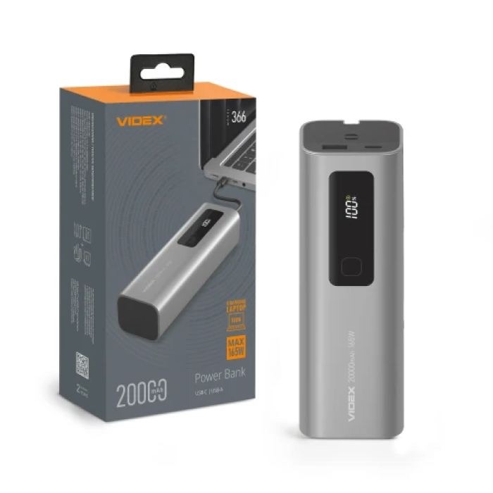 Універсальна мобільна батарея 20000 mAh, Videx VPB-366, Grey, 165 Вт, 2xType-C (PD3.0) / 1xUSB (QC3.0), цифровий LED дисплей (VPB-366-G)