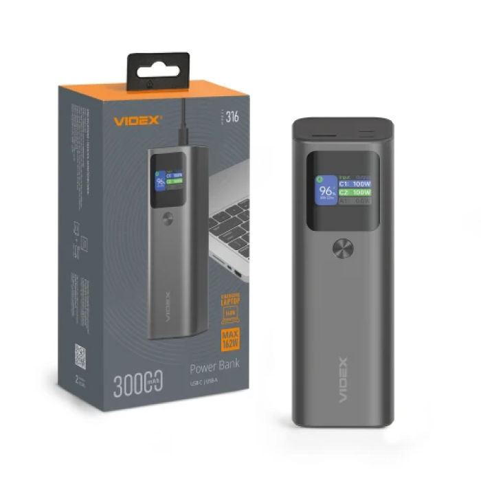 Універсальна мобільна батарея 30000 mAh, Videx VPB-316, Grey, 162 Вт, 2xType-C (PD3.0) / 1xUSB (QC3.0), TFT дисплей (VPB-316-G)