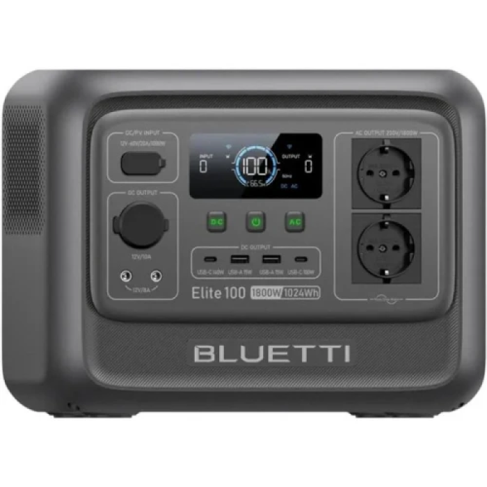 Зарядна станція BLUETTI Elite 100 V2, Black, 1800 Вт / 1024 Вт/год, 2xType-C (100 Вт), 2xUSB (18 Вт), 1x12V (30A), 2x230V, чиста синусоїда, LiFePO4, дисплей