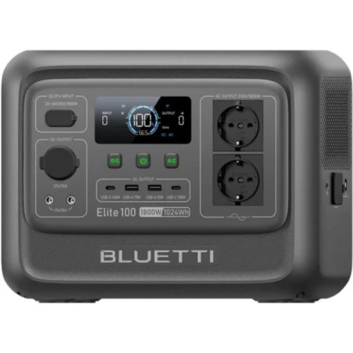 Зарядна станція BLUETTI Elite 100 V2, Black, 1800 Вт / 1024 Вт/год, 2xType-C (100 Вт), 2xUSB (18 Вт), 1x12V (30A), 2x230V, чиста синусоїда, LiFePO4, дисплей
