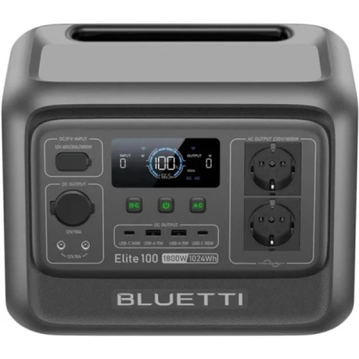 Зарядна станція BLUETTI Elite 100 V2, Black, 1800 Вт / 1024 Вт/год, 2xType-C (100 Вт), 2xUSB (18 Вт), 1x12V (30A), 2x230V, чиста синусоїда, LiFePO4, дисплей
