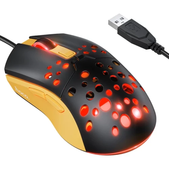 Миша Hoco GM51 "Sky", Black/Yellow, USB, оптична, 1200-3600 dpi, LED підсвічування (7 режимів), 6 кнопок, 1.5 м