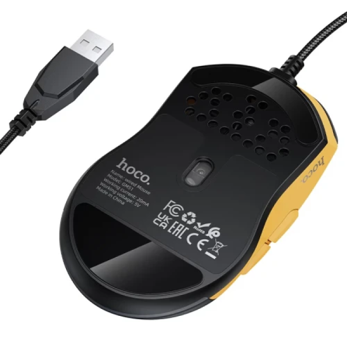Миша Hoco GM51 "Sky", Black/Yellow, USB, оптична, 1200-3600 dpi, LED підсвічування (7 режимів), 6 кнопок, 1.5 м