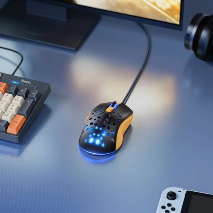 Миша Hoco GM51 "Sky", Black/Yellow, USB, оптична, 1200-3600 dpi, LED підсвічування (7 режимів), 6 кнопок, 1.5 м