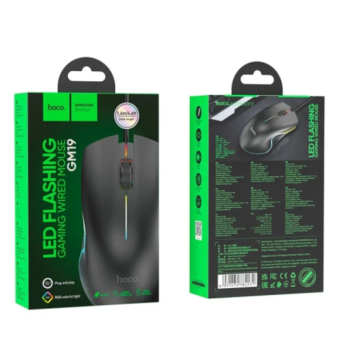 Миша Hoco GM19 "Enjoy", Black, USB, оптична, 1000 dpi, LED підсвічування, 3 кнопки, 1.4 м