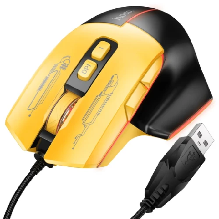 Миша Hoco GM31 "Overlord", Black/Yellow, USB, оптична, 1200-3600 dpi, LED підсвічування, 7 кнопок, 1.5 м