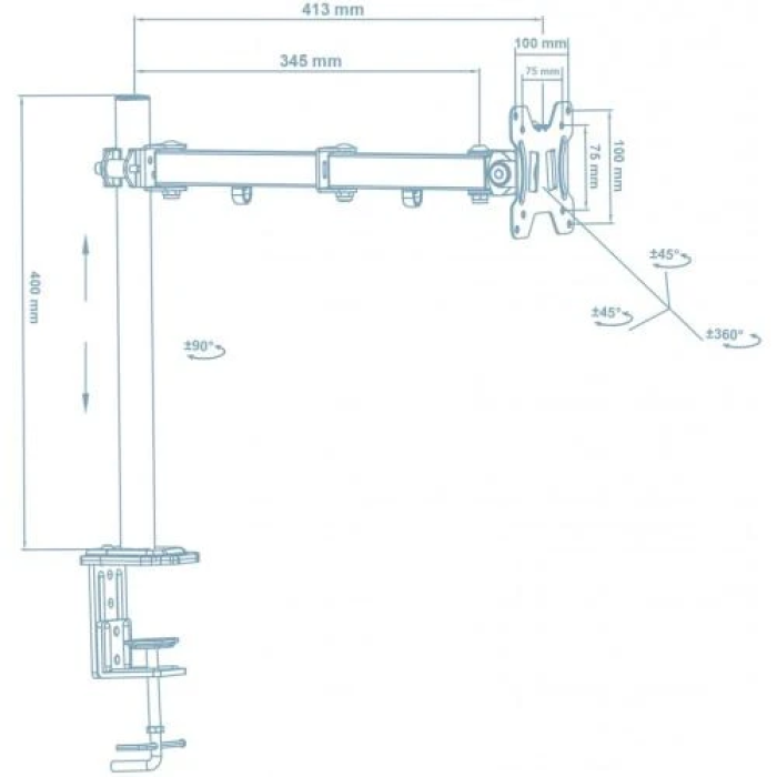 Кронштейн настільний для монітора 14-29" Walfix DM-300B VESA 100х100 мм, до 8 кг, нахил от -45 до +45, поворот 180°, обертання 360°, висота рейки: 400 мм, відступ від рейки: 345 мм