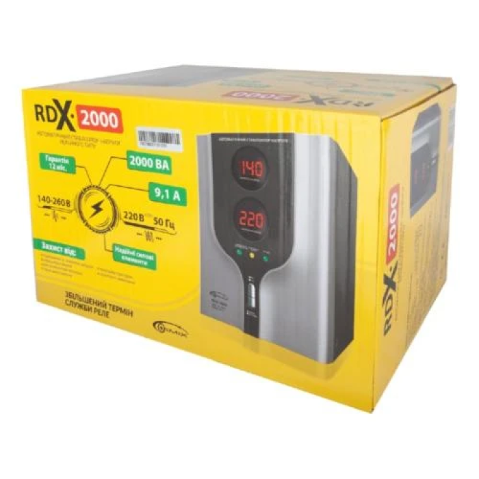 Стабілізатор Gemix RDX-2000, 2000 VA (1400 Вт), вхідна напруга 140-260В, вих напруга 220В ± 10% 50 Гц, LCD екран