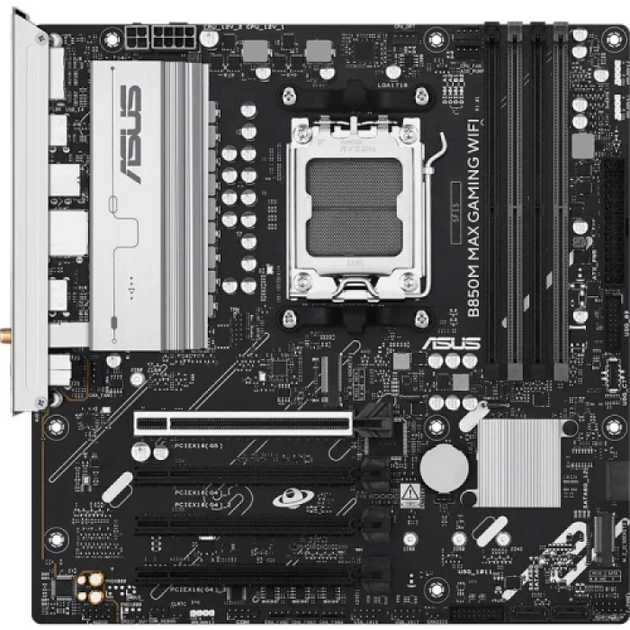 Материнська плата AM5 Asus B850M MAX GAMING WIFI, B850, 4xDDR5, Int.Video (CPU), 4xSATA3, 3xM.2, 1xPCI-E 5.0 x16, 3xPCI-E 4.0 x16, Realtek 7.1, Realtek 1Gb, WiFi 6, Bluetooth 5.3, 7xUSB 3.2 / 7xUSB 2.0, HDMI/DP, MicroATX
