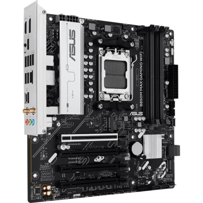 Материнська плата AM5 Asus B850M MAX GAMING WIFI, B850, 4xDDR5, Int.Video (CPU), 4xSATA3, 3xM.2, 1xPCI-E 5.0 x16, 3xPCI-E 4.0 x16, Realtek 7.1, Realtek 1Gb, WiFi 6, Bluetooth 5.3, 7xUSB 3.2 / 7xUSB 2.0, HDMI/DP, MicroATX