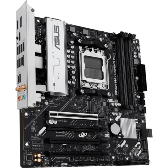 Материнська плата AM5 Asus B850M MAX GAMING WIFI, B850, 4xDDR5, Int.Video (CPU), 4xSATA3, 3xM.2, 1xPCI-E 5.0 x16, 3xPCI-E 4.0 x16, Realtek 7.1, Realtek 1Gb, WiFi 6, Bluetooth 5.3, 7xUSB 3.2 / 7xUSB 2.0, HDMI/DP, MicroATX