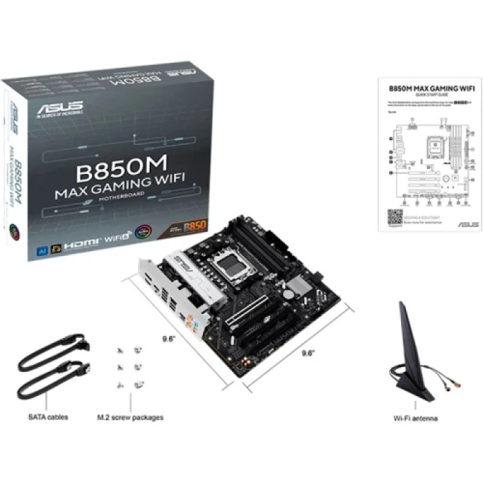 Материнська плата AM5 Asus B850M MAX GAMING WIFI, B850, 4xDDR5, Int.Video (CPU), 4xSATA3, 3xM.2, 1xPCI-E 5.0 x16, 3xPCI-E 4.0 x16, Realtek 7.1, Realtek 1Gb, WiFi 6, Bluetooth 5.3, 7xUSB 3.2 / 7xUSB 2.0, HDMI/DP, MicroATX