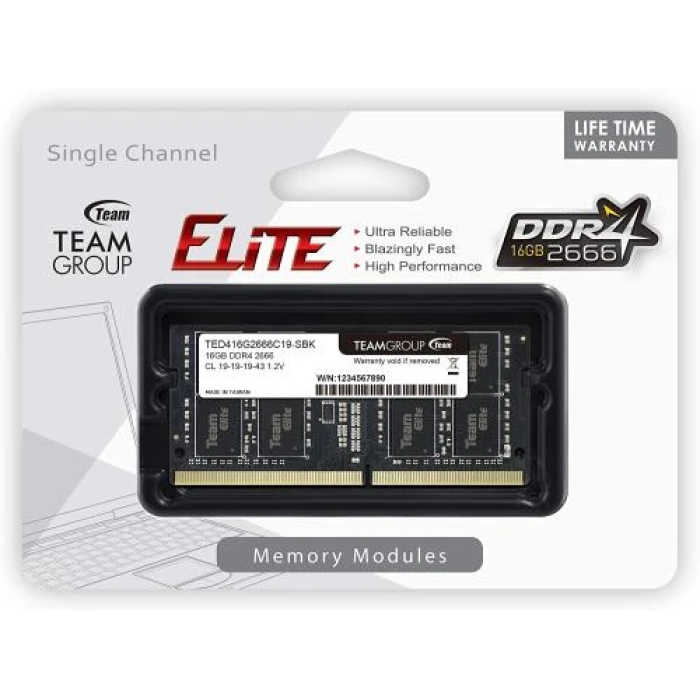 Пам'ять SO-DIMM, DDR4, 16Gb, 2666 MHz, Team, 1.2V, CL19 (TED416G2666C19-S01)