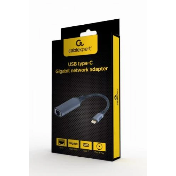 Мережевий адаптер USB Type C - Ethernet, Cablexpert, Black, 1000 Мбит/с, 15 см (A-USB3C-LAN-01)