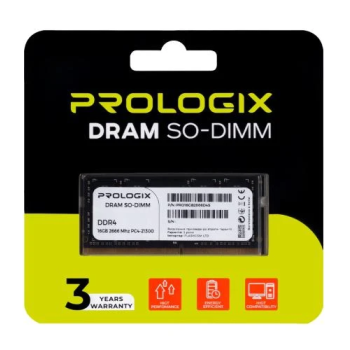 Пам'ять SO-DIMM, DDR4, 16Gb, 2666 MHz, ProLogix, 1.2V, CL19 (PRO16GB2666D4S)