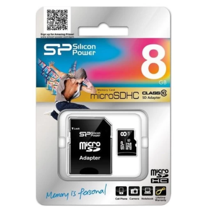 Карта пам'яті microSDHC, 8Gb, Silicon Power, Class10, SD адаптер, до 40 МБ/с (SP008GBSTH010V10SP)