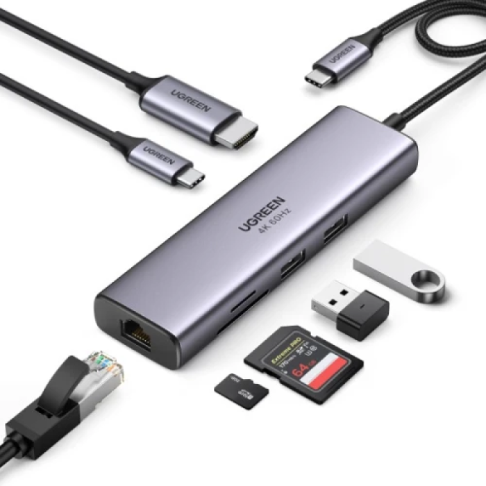 Хаб USB Ugreen CM512, Grey, Type-C 3.1 - 1xType-C (100 Вт) / 2xUSB 3.0 / HDMI 4K / GLan / microSD / SD, кабель 15 см, алюмінієвий корпус (60515)