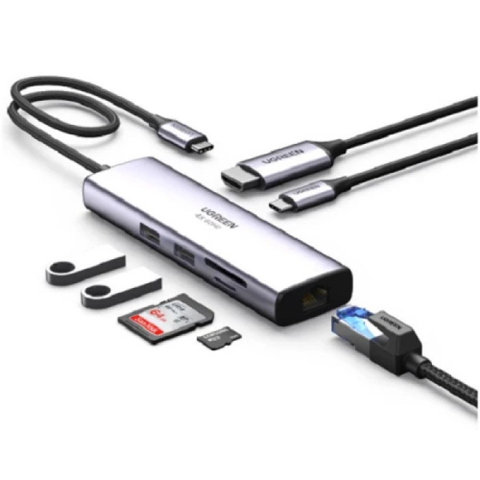 Хаб USB Ugreen CM512, Grey, Type-C 3.1 - 1xType-C (100 Вт) / 2xUSB 3.0 / HDMI 4K / GLan / microSD / SD, кабель 15 см, алюмінієвий корпус (60515)
