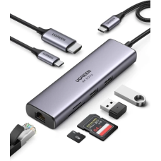 Хаб USB Ugreen CM512, Grey, Type-C 3.1 - 1xType-C (100 Вт) / 2xUSB 3.0 / HDMI 4K / GLan / microSD / SD, кабель 15 см, алюмінієвий корпус (90568)