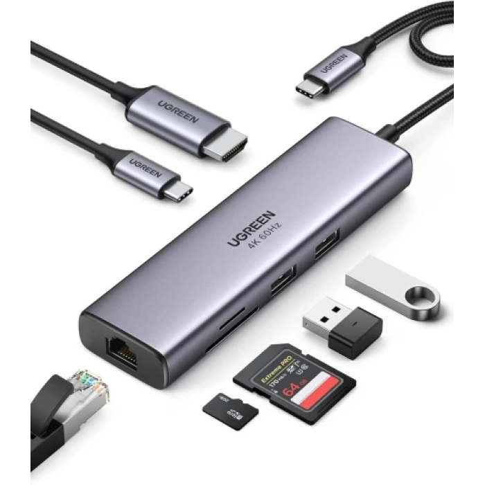 Хаб USB Ugreen CM512, Grey, Type-C 3.1 - 1xType-C (100 Вт) / 2xUSB 3.0 / HDMI 4K / GLan / microSD / SD, кабель 15 см, алюмінієвий корпус (90568)