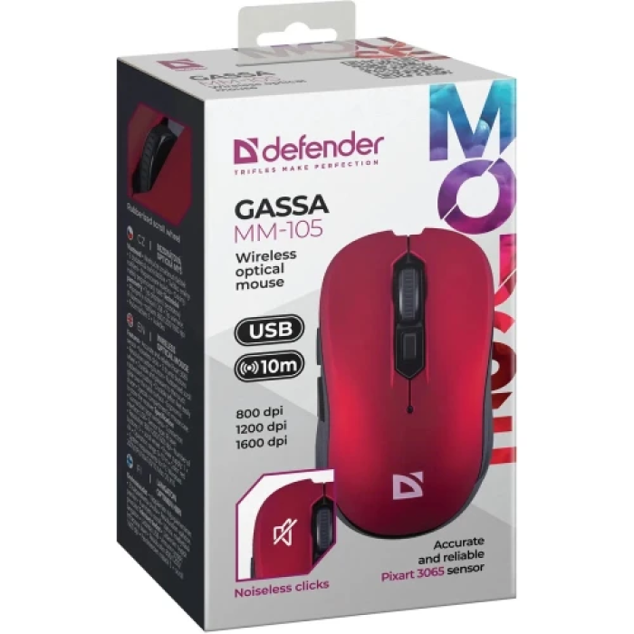 Миша бездротова Defender Gassa MM-105, Red, USB адаптер 2.4 ГГц, лазерна, Pixart 3065 (800-1600 dpi), 5 кнопок, радіус дії до 10 м, 1хAA (52103)
