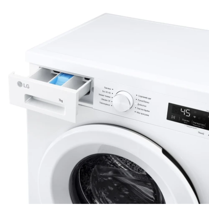 Пральна машина LG F2Y2HS3WE, White, 7кг, фронтальна, 10 програм, швидкість віджиму 1200 об/хв, дисплей, інвертор, клас енергоспоживання A, 85x60x44 см